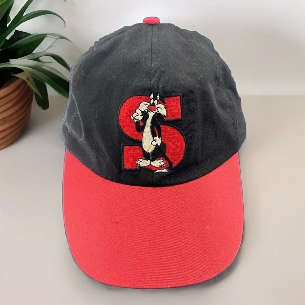 VTG 1993 Looney Tunes Sylvester Baseball Hat Black Red Strapback Cap Cartoon‎